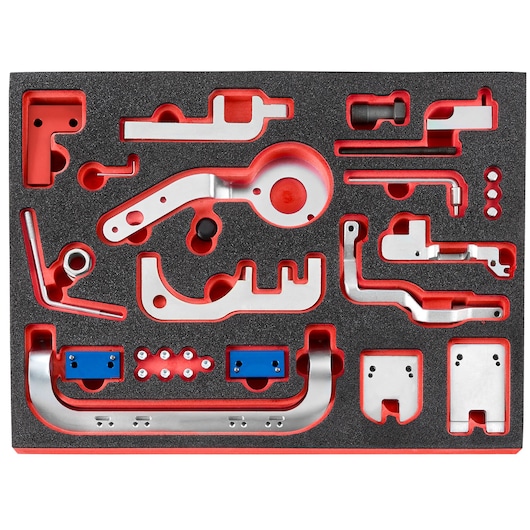 Facom DT.MODBM metal parts set in custom foam tray, top angle, photography category