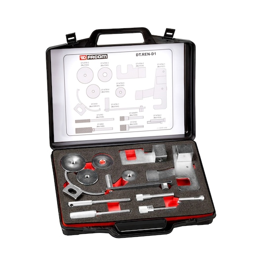 Facom DT_REN-D1 photography of metal tool kit in black carrying case, top angle, showing organized tool parts.