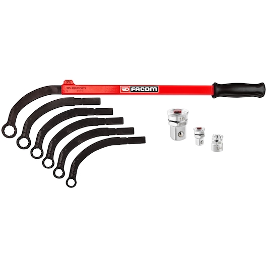 Facom DT_TWA adjustable wrench set with red handle, five black attachments, and three silver sockets, side view.