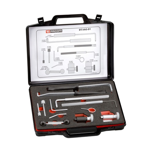 Facom toolkit DTVAG-D1, assorted automotive service tools in a black case with foam insert, top view.