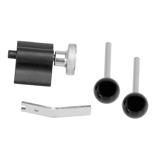Facom DT_VAG-D2 automotive tool kit with two rods with black knobs, a metal bracket, and a black cylindrical component, top view.