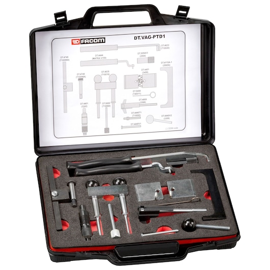 Facom DTVAG-PTD1 automotive tool kit case, black plastic, open, showing assorted tools and diagram, front angle.