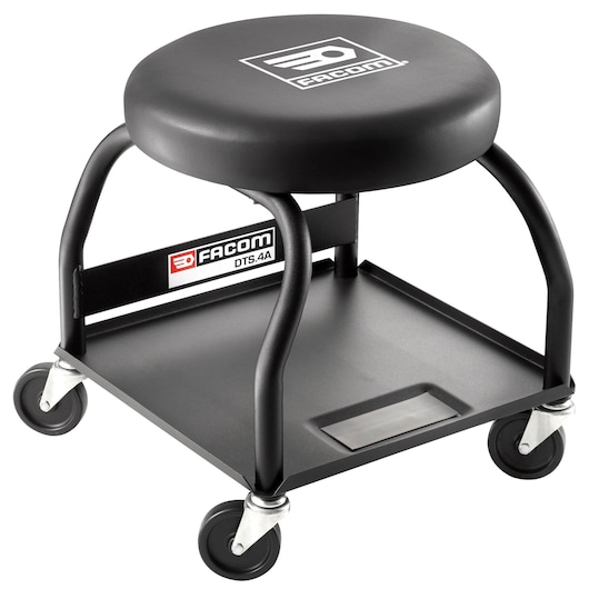 Facom DTS_4A rolling workshop stool with padded seat and four caster wheels, photography, front angle.