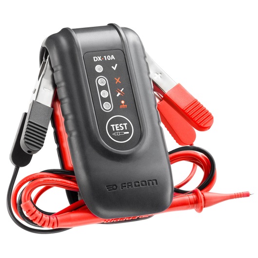 Facom DX.10APB electronic tester with red and black cables, alligator clamps, front angle, white background.