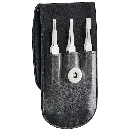 Facom DX145TCJ3 punch set with three metal punches in a black leather pouch, front angle on white background.
