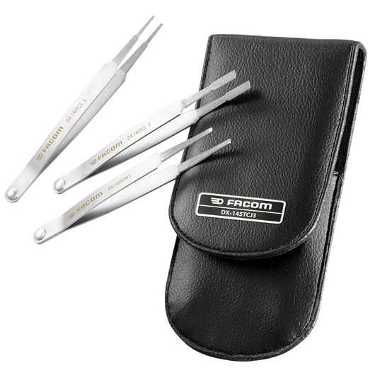 Facom DX145TCJ3 diamond file set with three metal files and black leather pouch, product photo, white background.