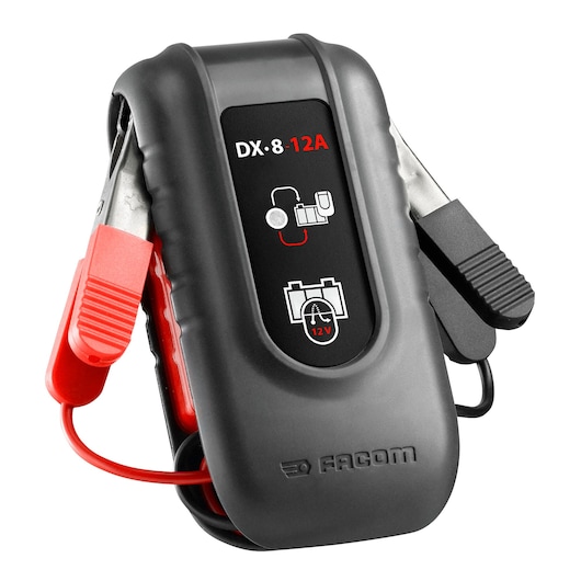 Photo of Facom DX8-12A compact black battery charger with red and black clamps, front angle on white background.