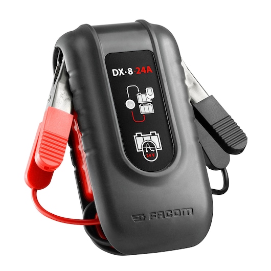 Facom DX8-24A compact 24V battery tester with red and black clamps, front angle on white background.