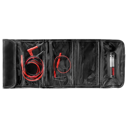Facom DX_SET photography, red and black electronic test leads and accessories in a black roll-up case, top-down view.