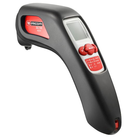 Facom DX_T100PB digital infrared thermometer with screen and red control buttons, angled front view on white background.