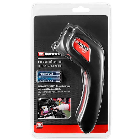 Photo of Facom DX_T100PB IR temperature meter in black with red label, packaged with two Toshiba AA batteries, front view.