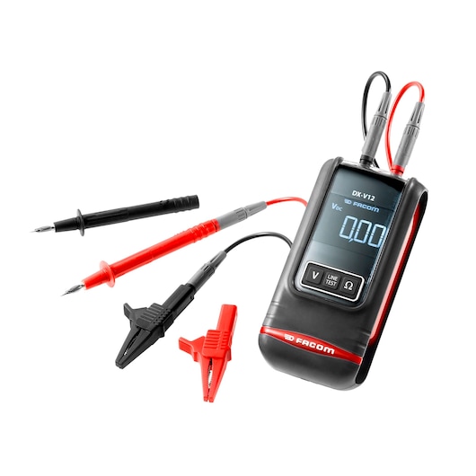 Photo of Facom DX.V12PB digital multimeter with display, black and red probes, and alligator clips, angled view.