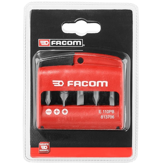 Facom E.110PB bit set in red plastic holder, displayed in retail packaging. The holder contains various screwdriver bits and is branded with the Facom logo.