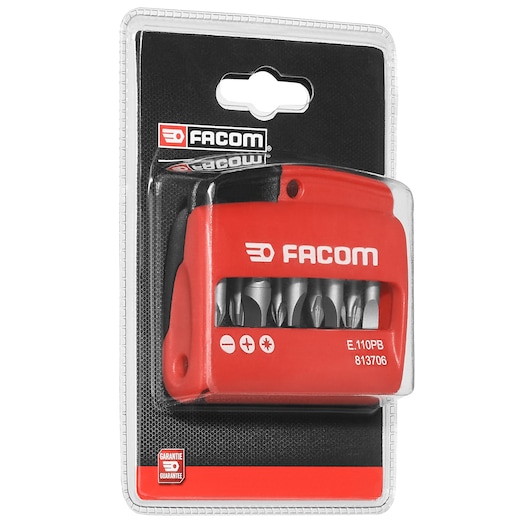 Facom E.110PB screwdriver bit set in red plastic holder, packaged in clear blister pack. The holder displays several metal screwdriver bits and Facom logo. Suitable for various screw types and includes product guarantee label.