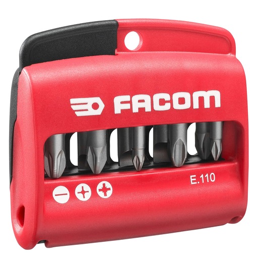 Photo of Facom E110 screwdriver bit set with red case, six bits visible, angled on white background.
