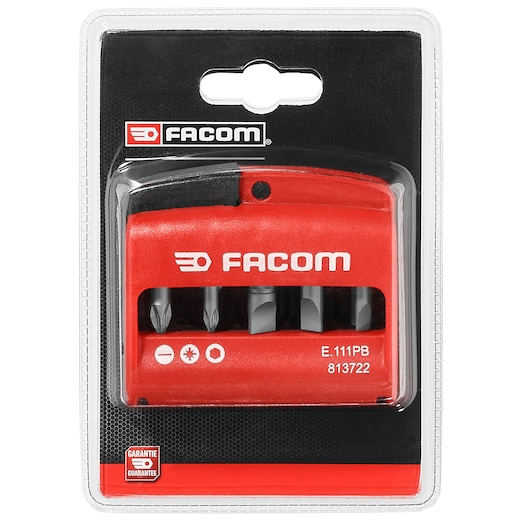 Photo of Facom E111PB screwdriver bit set in red plastic case, front view in retail packaging.
