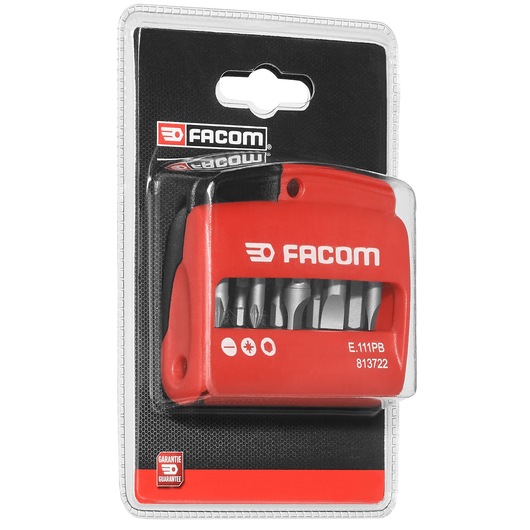 Photo of Facom E111PB compact red bit set in retail packaging, showing multiple metal screwdriver bits.
