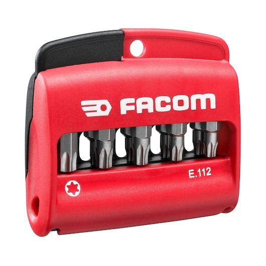 Facom E112PB red and black bit set with six screwdriver bits in a compact plastic holder, front angle.