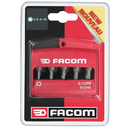 Photo of Facom E112PB screwdriver bit set with five bits in a red case, retail packaging, front angle.