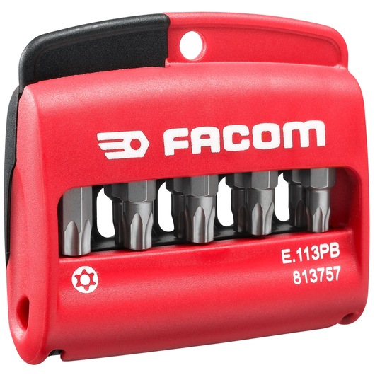Facom E113PB red compact set of six screwdriver bits in plastic holder, front angle.