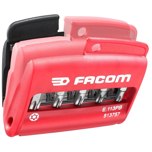 Facom E113PB red bit set case with visible silver bits, front angle on white background.