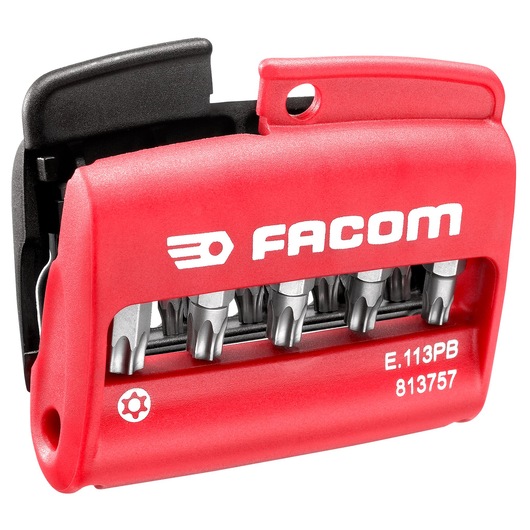 Facom red compact bit set with six screwdriver bits in holder, SKU E113PB, front angle on white background.