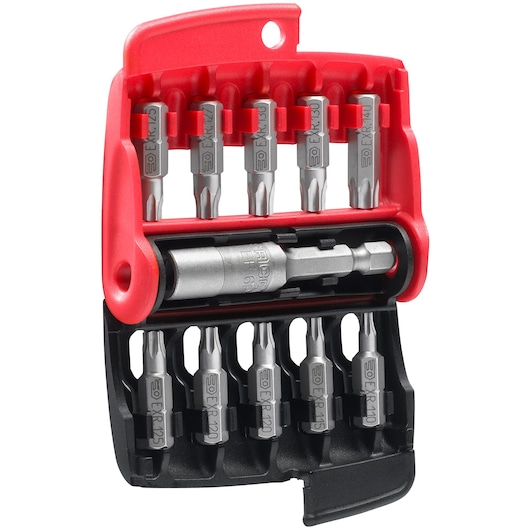 Facom E113PB screwdriver bit set with ten steel bits and adapter in red and black plastic case, front angle.