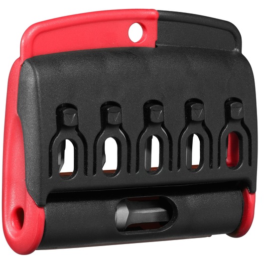 Facom E113PB compact bit set with five bits in a black and red plastic holder, front angle on white background.