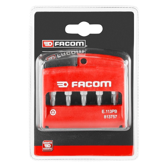 Facom E113PB bit set with red holder, five bits visible, in retail packaging, front angle.