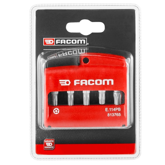 Photo of Facom E114PB screwdriver bit set in red holder, front view on white background.