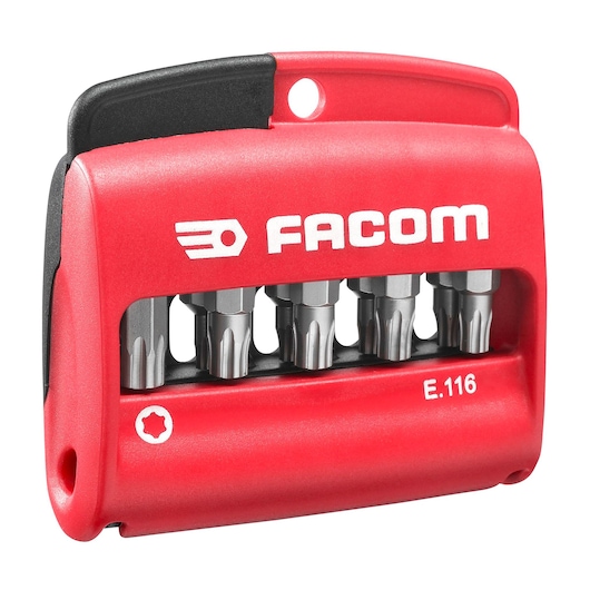 Facom E116 red compact Torx bit set with six bits in plastic holder, front angle.