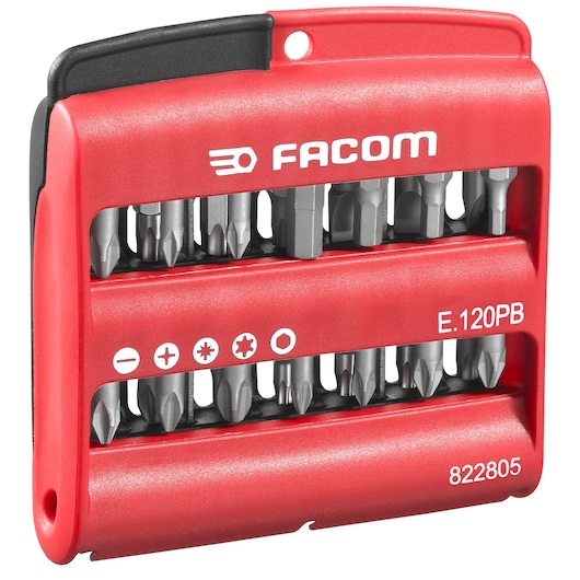 Facom E120PB red plastic case with multiple precision screwdriver bits, product front angle.