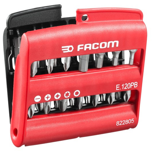 Photo of Facom E120PB screwdriver bit set with red and black case, multiple bits visible, front angle.