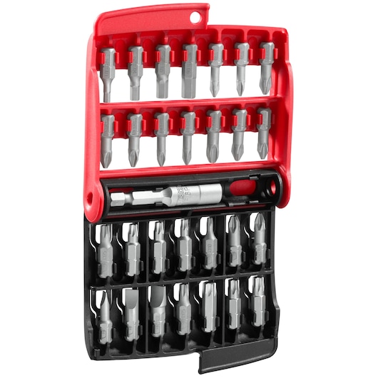 Facom E120PB screwdriver bit set with multiple steel bits and a bit holder in a red and black plastic case, front angle.