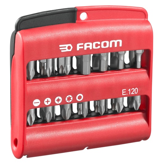 Facom E_120 screwdriver bit set in a compact red plastic case, shown at an angle on a white background.