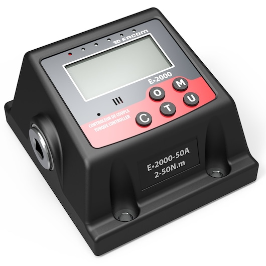 Facom E.2000-50A torque controller with digital display, black and red case, angled on white background.