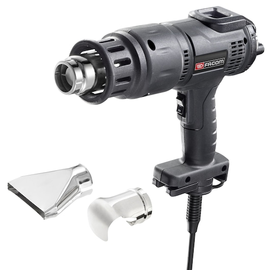 Facom E2015 heat gun with black body, shown with two metal nozzle attachments, white background, side angle.