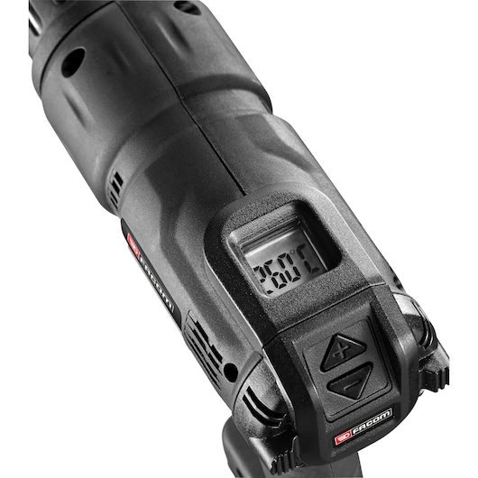 Facom E2015 heat gun close-up, showing control buttons and digital temperature display, photographed on white background.