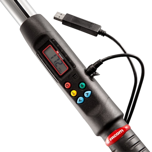 Photo of Facom E_306-200D digital torque wrench handle with LCD screen, colored control buttons, and USB cable, close-up.