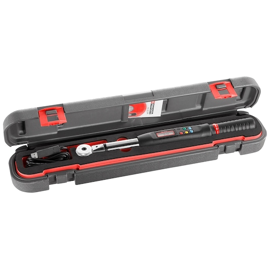 A Facom electronic torque wrench with a digital display, USB charging cable and control buttons, presented in a sturdy black and red plastic carrying case.
