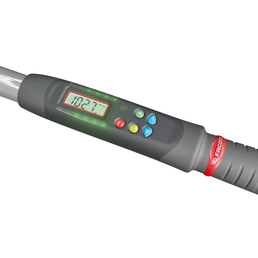 Facom E_306A135S digital torque wrench with LCD display and control buttons, side angle, white background.
