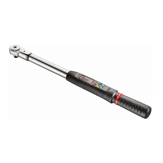 Facom E_306A200S electronic torque wrench with digital display and black grip, side angle, white background.