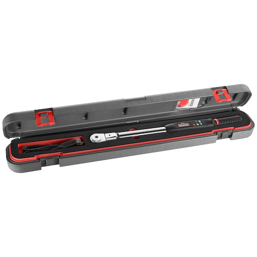 Digital torque wrench with a black handle and display, stored in a fitted hard plastic case with red accents. Includes a charging cable and a compartment for documentation.