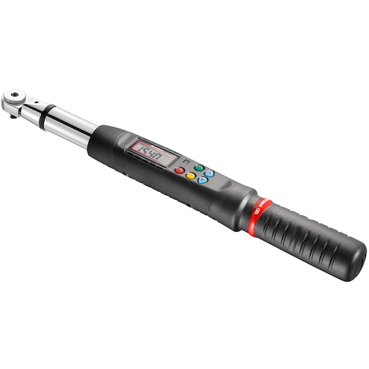 Facom E306A30R digital torque wrench with LCD display and control buttons, black and silver, angled on white background.
