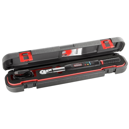A Facom branded digital torque wrench is displayed inside a black and red hard plastic carrying case. The case contains the wrench, a USB charging cable, and a user manual.