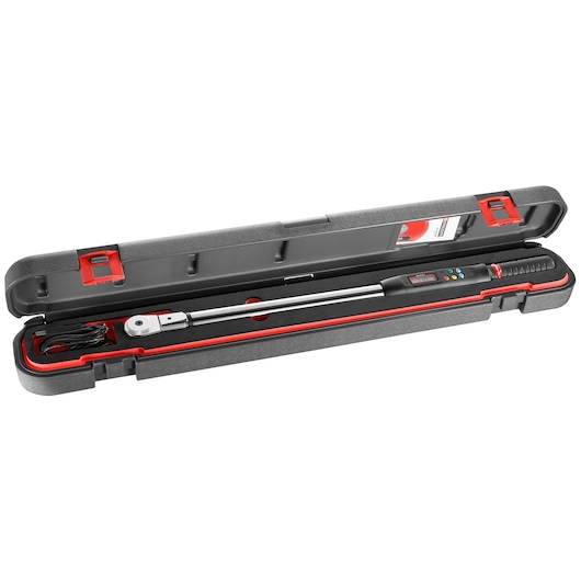A digital torque wrench in a protective black and red hard case, with an LCD display and control buttons on the handle, cable and documentation included.