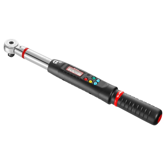 Facom E_316A135J digital torque wrench with LCD display and colored buttons, angled on white background.
