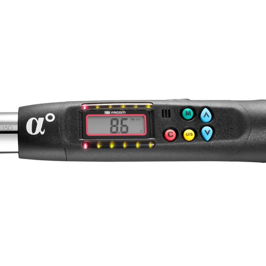 Facom E_316A135J digital torque wrench handle with LCD screen, multi-colored buttons, and LED indicator lights, side view.