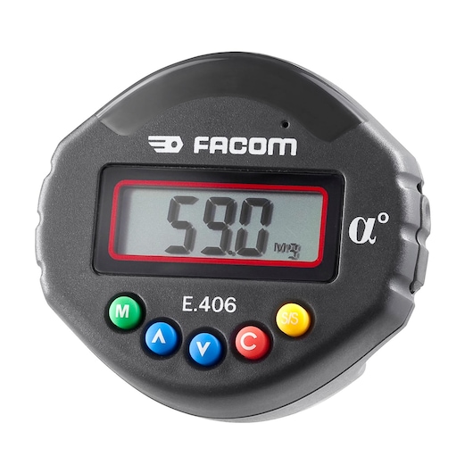 Facom E_406 digital angle meter with LCD display, colorful control buttons, front angle on white background.
