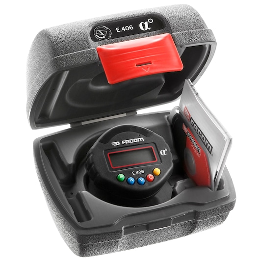 Facom E_406 digital angle gauge with multi-color buttons in hard case, shown with user manual, top view.